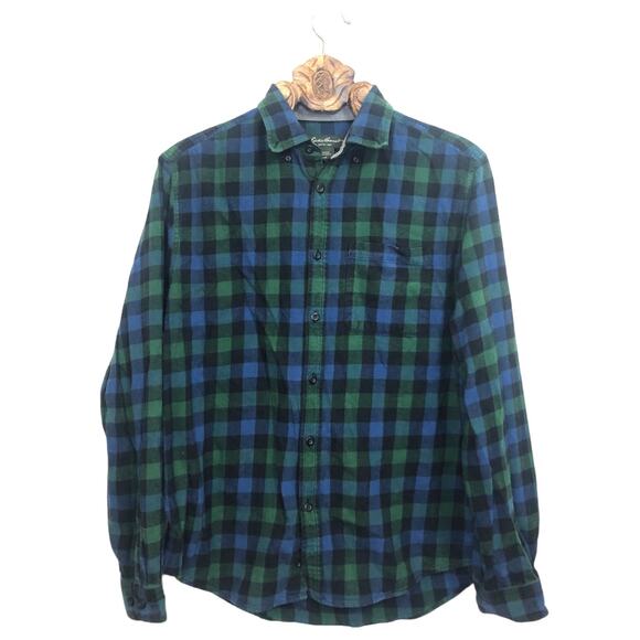 Eddie Bauer Flannel Cotton Plaid Button Down Shirt Green Blue Black Mens Large - Picture 8 of 8
